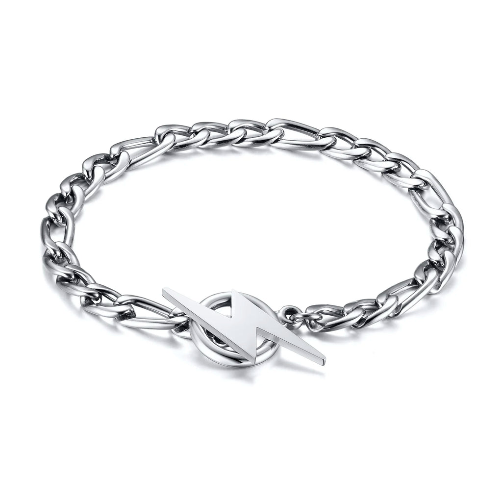 Stainless Steel Lightning Bolt Figaro Chain Bracelet for Men Jewelry