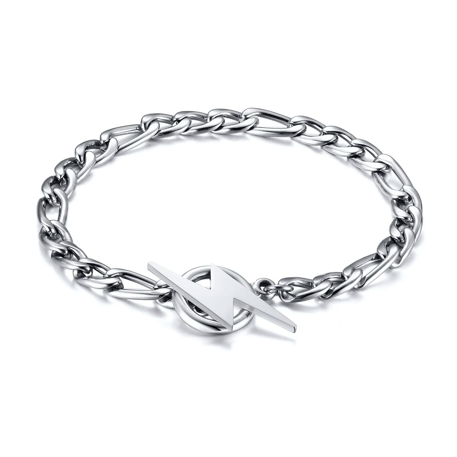 Stainless Steel Lightning Bolt Figaro Chain Bracelet for Men Jewelry