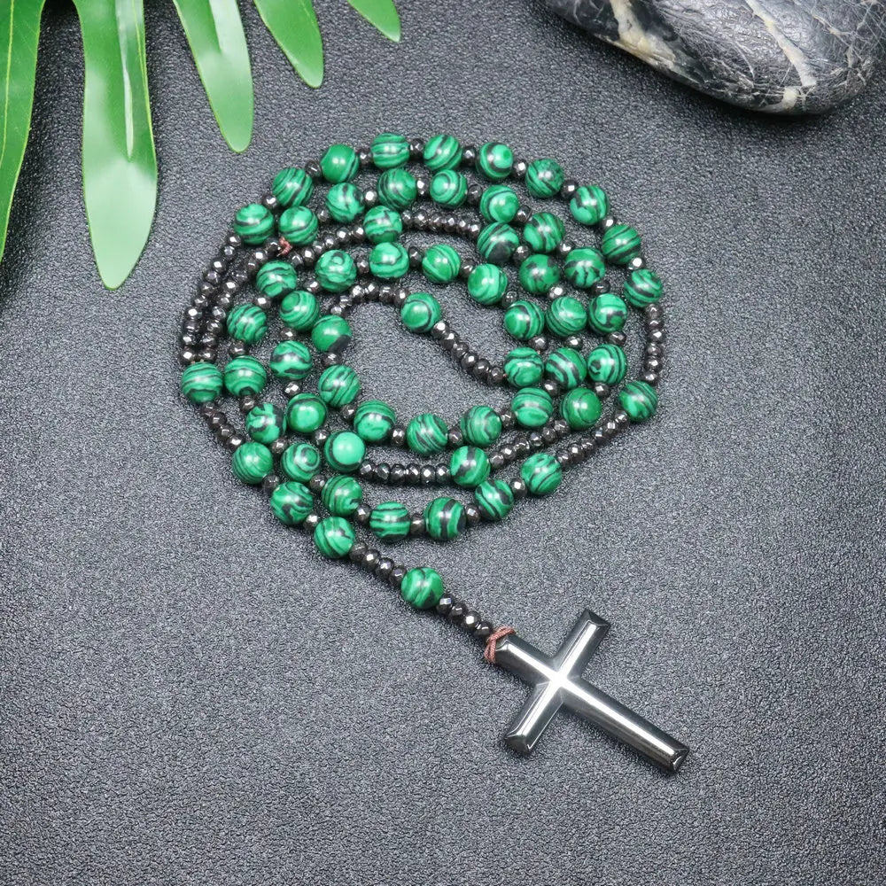 Rosary Necklace For Men Women 8mm Tiger Eye Black Obsidian Beads Necklace Christ Buddhist Meditation Cross Necklace Jewelry