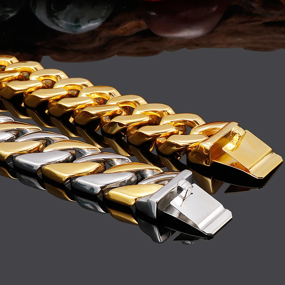 Polished Stainless Steel On Hand Accessories 20MM Wide Iron Men's Bracelet for Man Waterproof Gold Color Men‘s Jewelry