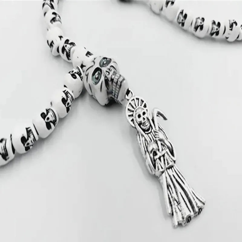Santa Muerte Skull Rosary Necklace — Silver-Tone