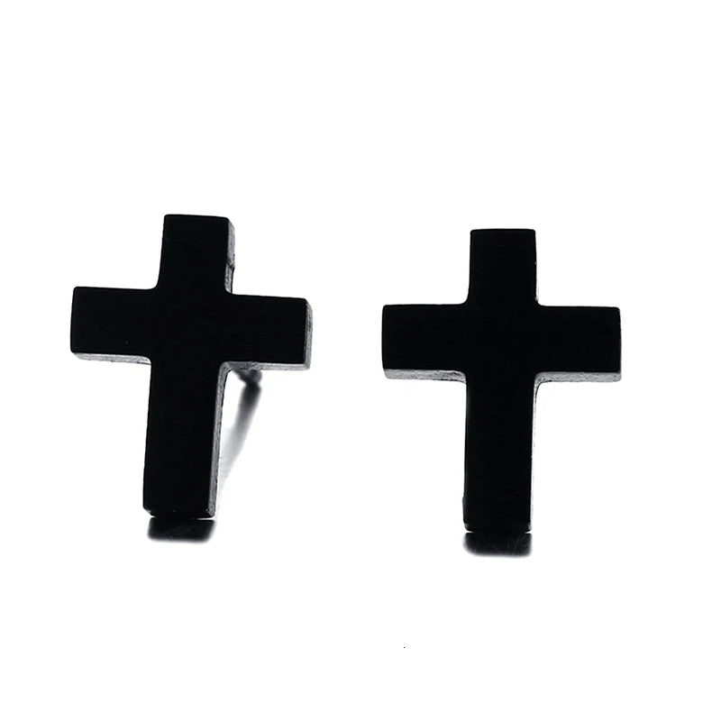 Cross Black Minimal Stud Earrings — Stainless Steel