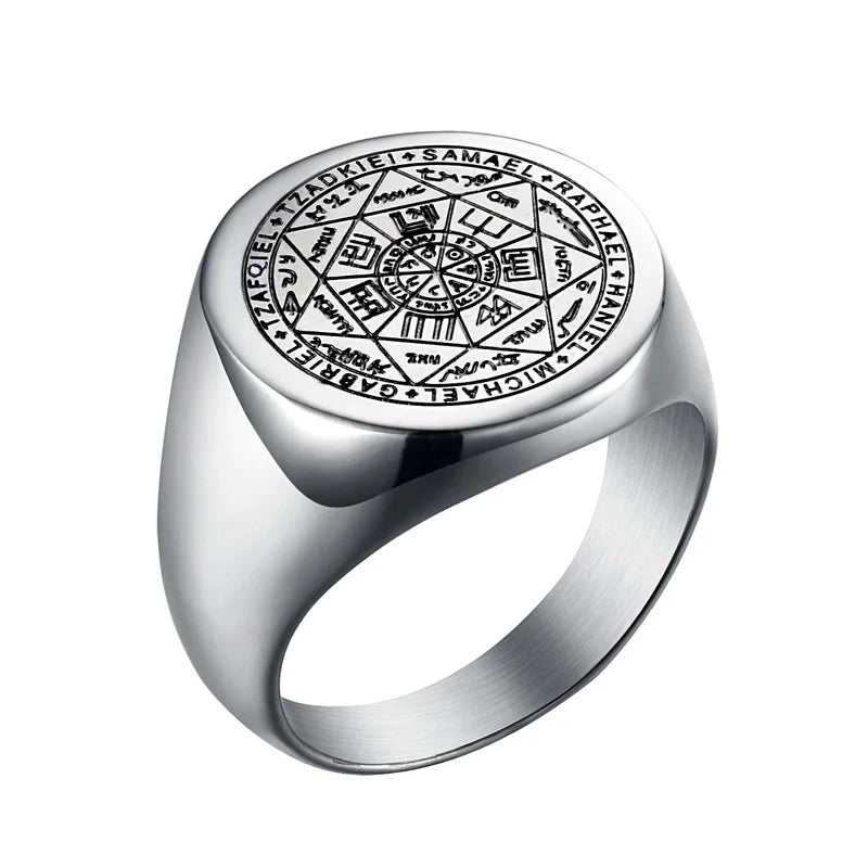 Valily Seal of The Seven Archangels Rings Stainless Steel Silver--Color Saint Michael Ring Jewelry Engraving for Man