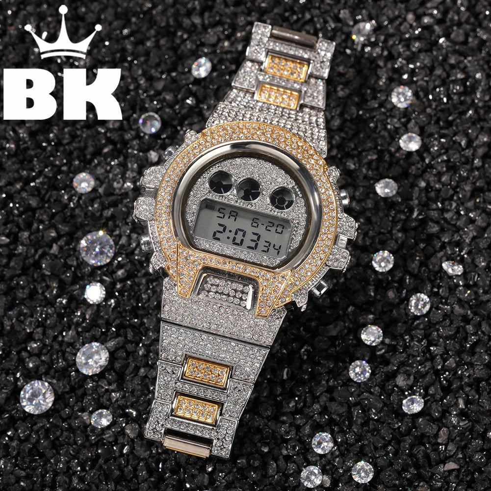 Hip Hop Full Iced Out Men Watches Stainless Steel Fashion Luxury Rhinestones Quartz Square Wristwatches Business Watch