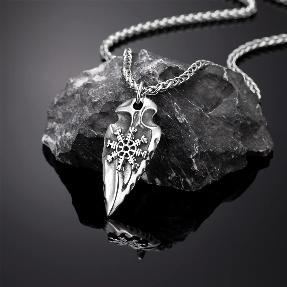 Viking Rune Shield Necklace Men Gold Color Antique Steel Norse Spear Trident Amulet Self-defense Pendant Never Fade