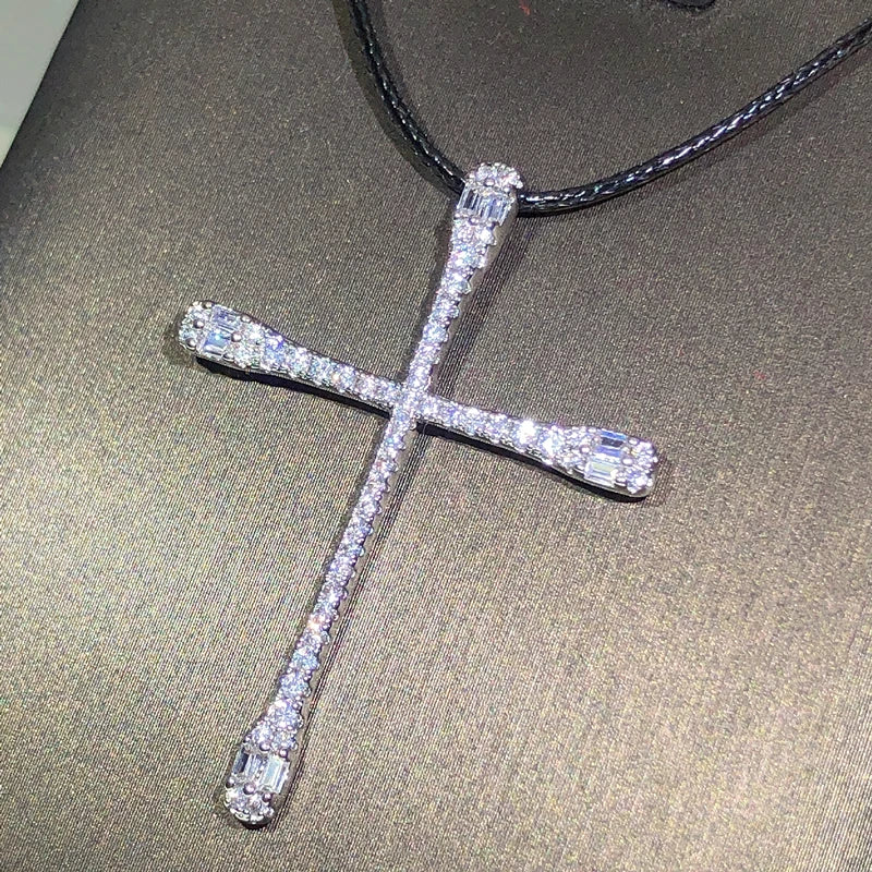 925 sterling silver classic fashion cross pendant necklace ladies white zircon party birthday sweater chain jewelry