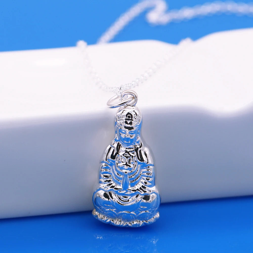 Chinese style Vintage Women's 925 Silver Necklace-Buddha Pendant Solid Silver O Chain Clavicle Necklace Collar Charm Jewelry