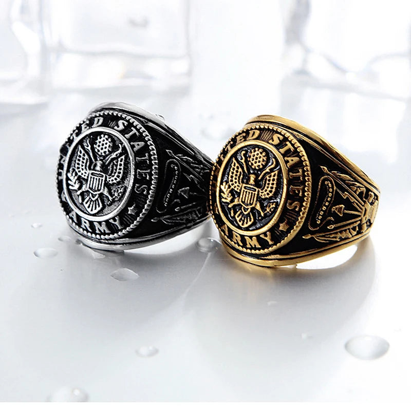 Vintage US Army Military Ring Mens Gold/Silver Color Stainless Steel US Army Ring Marine Corps Eagle Ring Male Fashion