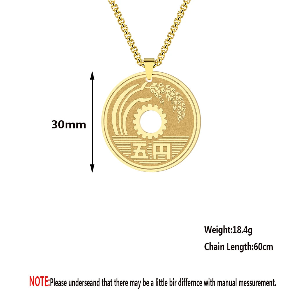 CHENGXUN Lucky Japanese Coin Necklace Mens Womens 5 Yen Coin Pendant Necklace Vintage Stainless Steel Good Luck Jewelry Gift