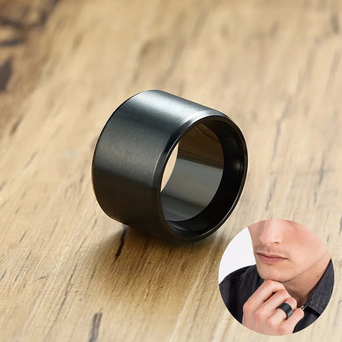 15MM Wide Cigar Band Ring — Black Stainless Steel