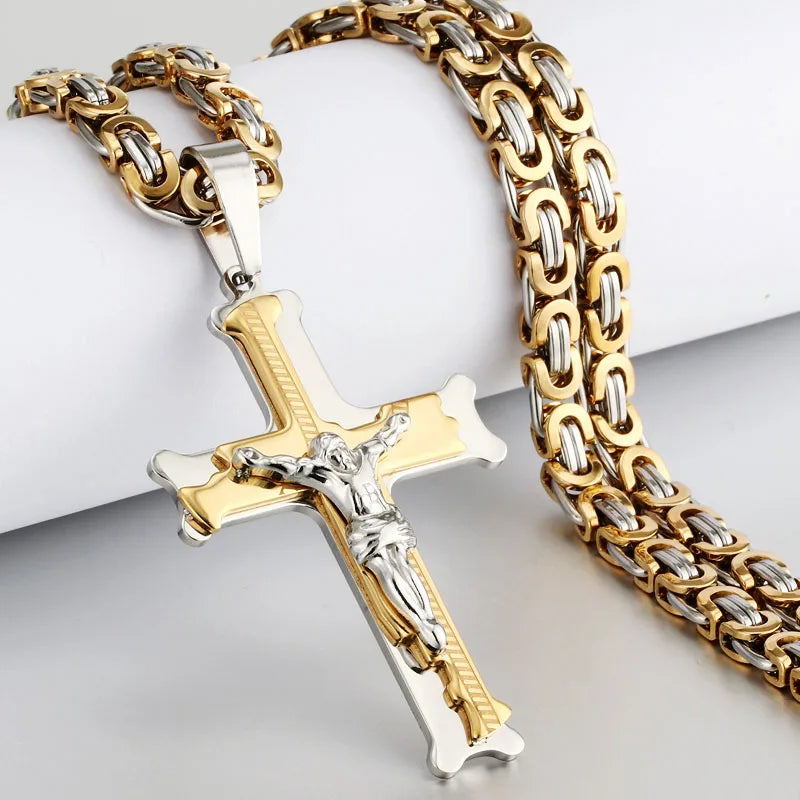 Stainless Steel Crucifix Jesus Byzantine Link Chain Necklace Fish Bone Pattern Cross Pendant Necklace Catholic Jewelry