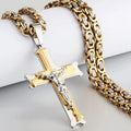 Stainless Steel Crucifix Jesus Byzantine Link Chain Necklace Fish Bone Pattern Cross Pendant Necklace Catholic Jewelry