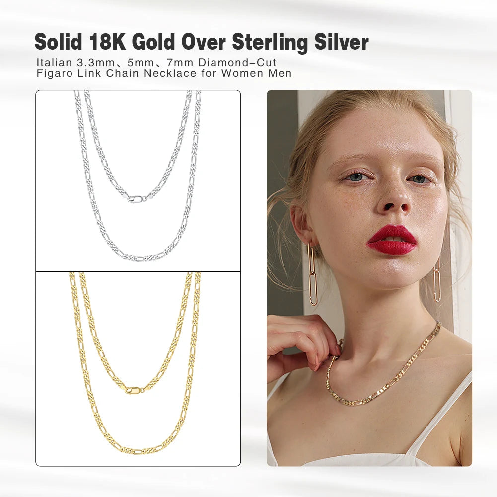 Rinntin 925 Sterling Silver Diamond-Cut Figaro Link Chain Necklace for Men Women Trendy Punk Neck Chain Silver Jewelry