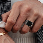 Black Enamel Square Signet Ring — Stainless Steel