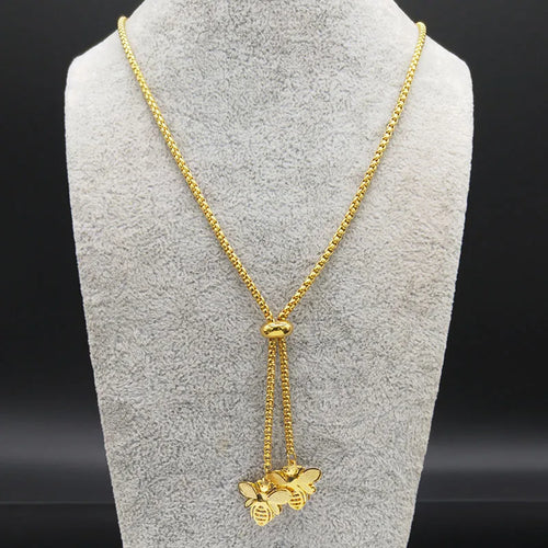 Bee Gold Statement Long Necklace — Stainless Steel