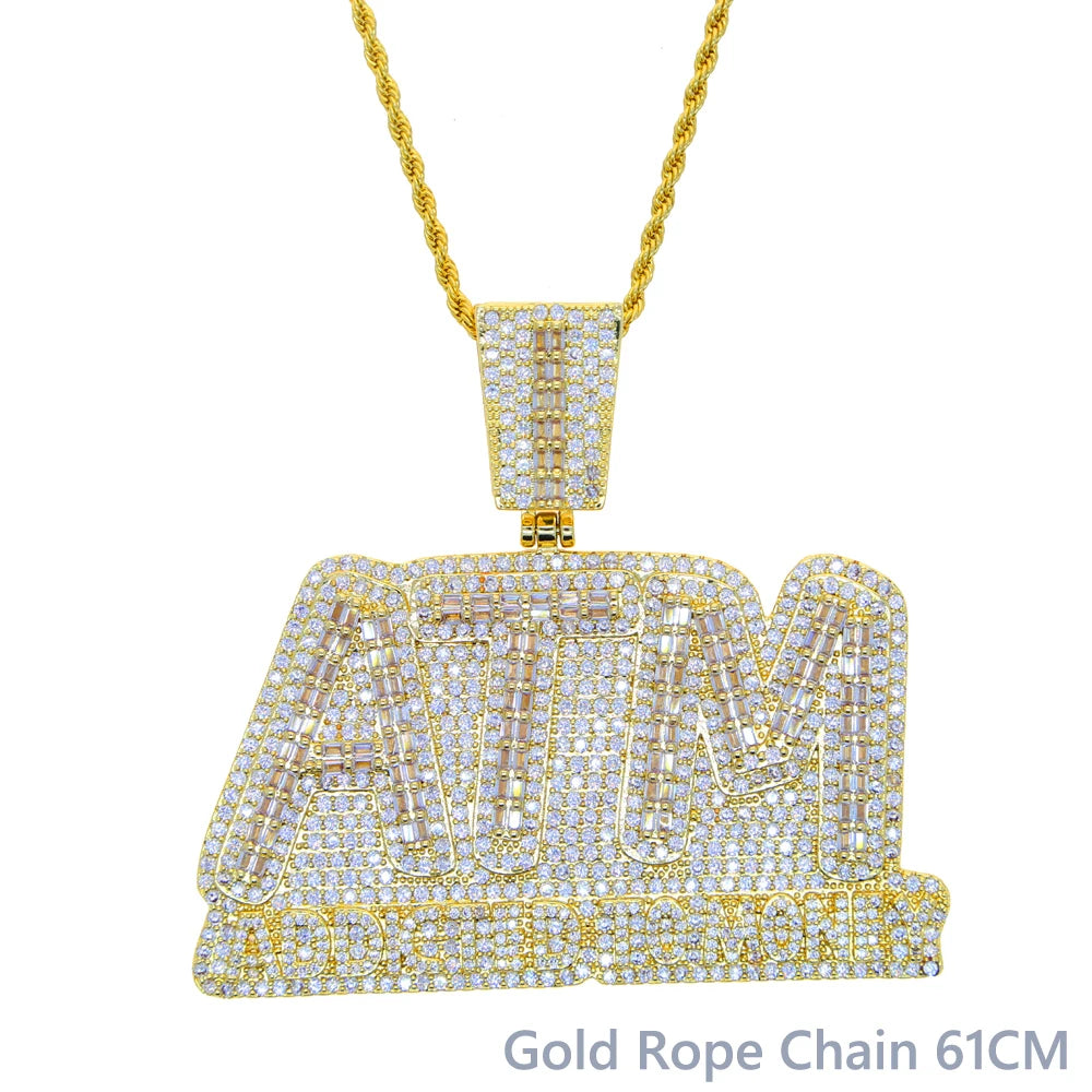 Iced Out Bling Letters ATM Addicted To Money Pendant Necklaces Gold Color AAA Zircon 5mm Tennis Chain Men's Hip Hop