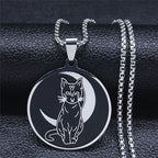 Moon Cat Black Enamel Necklace — Silver