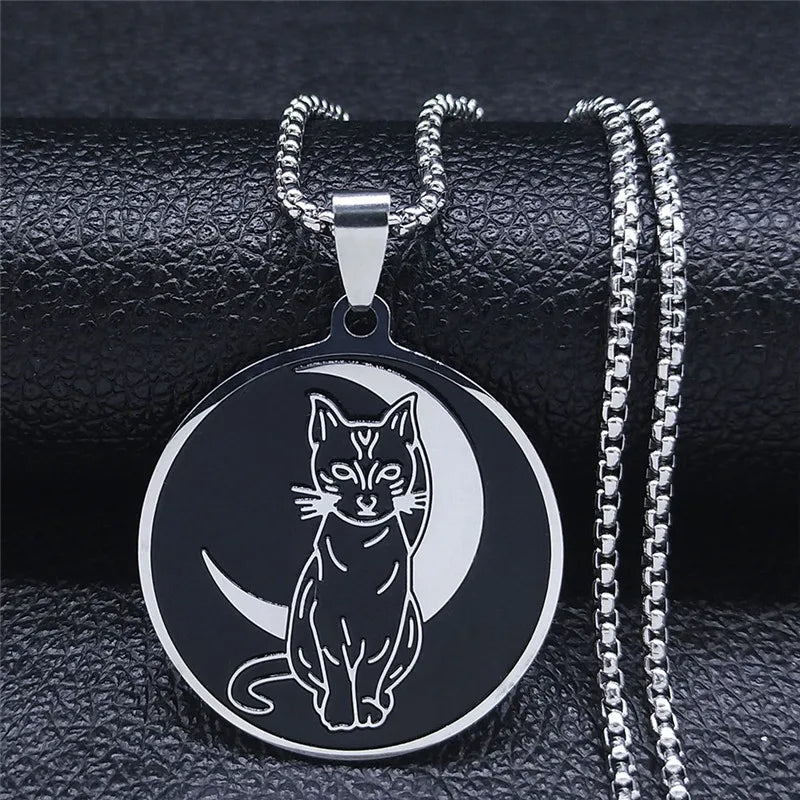 Moon Cat Black Enamel Necklace — Silver