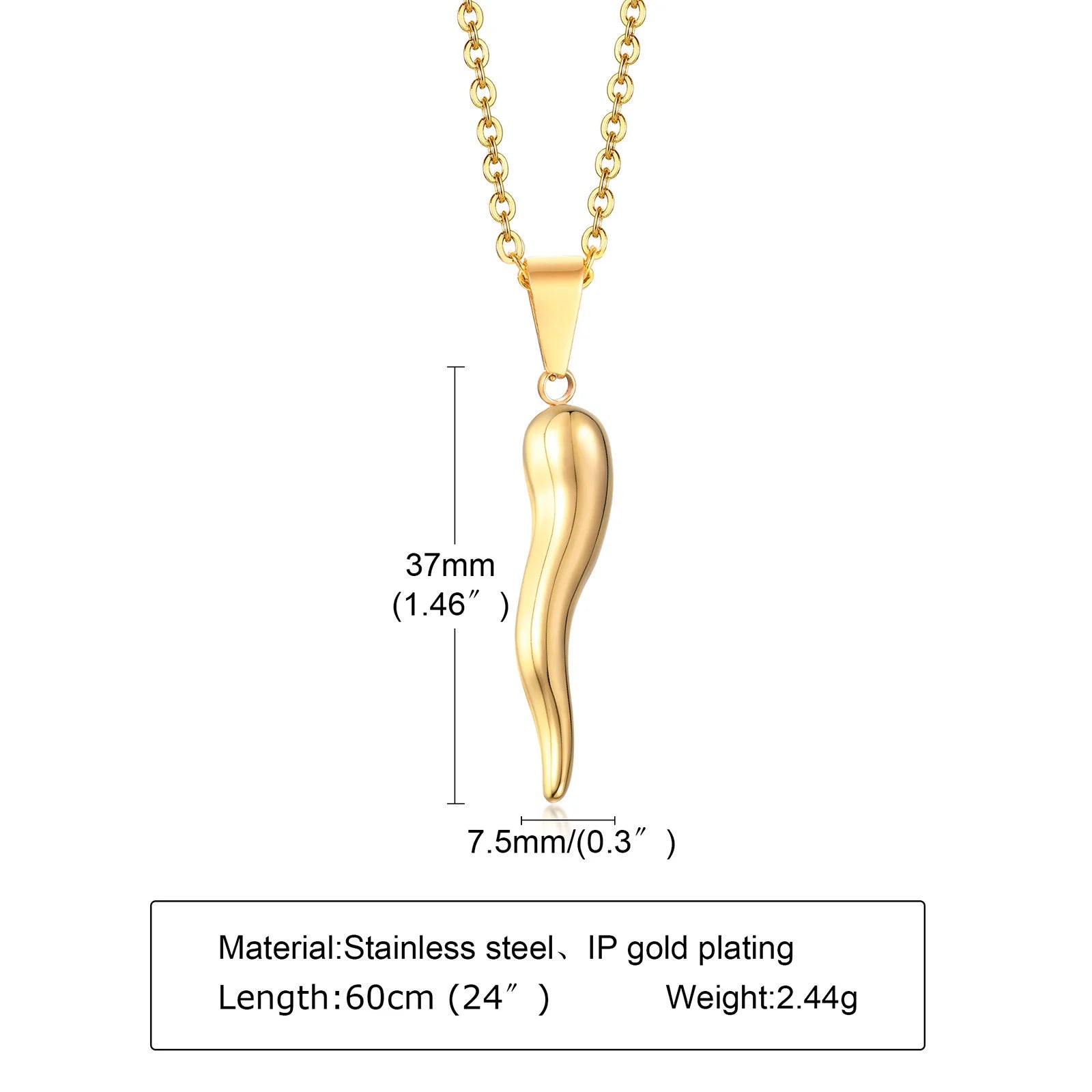 Italian Horn Charm Pendant Necklace — Stainless Steel