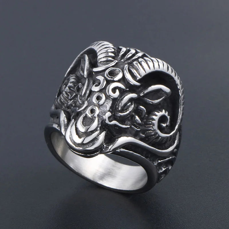 Vintage Gothic Sheep Goat Head Ring for Men Cool Heavy Metal Animal Stainless Steel Ring Fashion Male Punk Biker Rings Jewelry