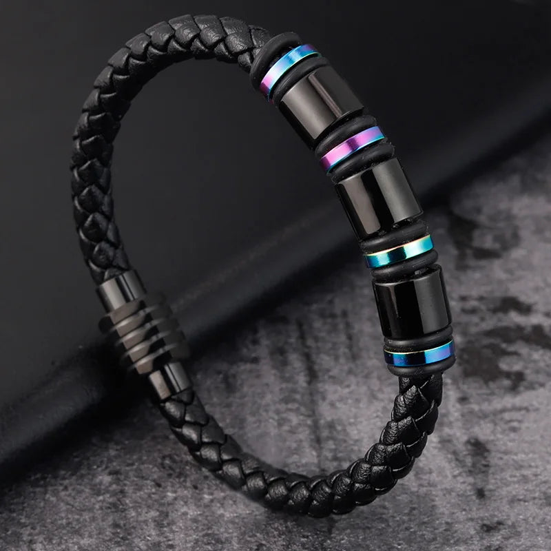 Punk Threaded Button Metal Weaving Bracelet for Men Women Stainless Steel Twining Classic Style Charm Black High Quality