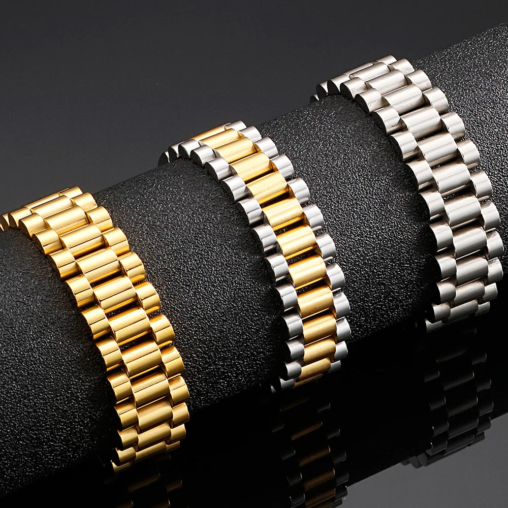 Gold Color 16MM Wide Watch Strap Link Chain Bracelet Men Stainless Steel Mens Bracelets Male Jewellery Accessories