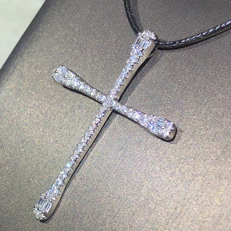 925 sterling silver classic fashion cross pendant necklace ladies white zircon party birthday sweater chain jewelry