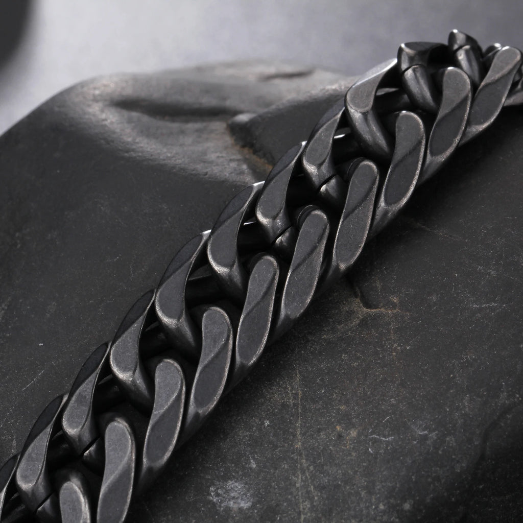 Fongten Retro Black Bracelet For Men Cuban Chain Stainless Steel Heavy Wide Curb Bracelets Bangle Male Jewelry
