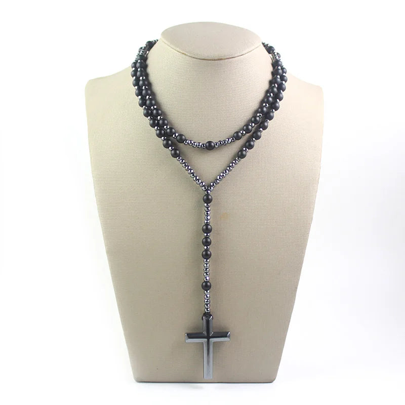 Matte Black Stone Hematite Rosary Cross Necklace — Black-Tone