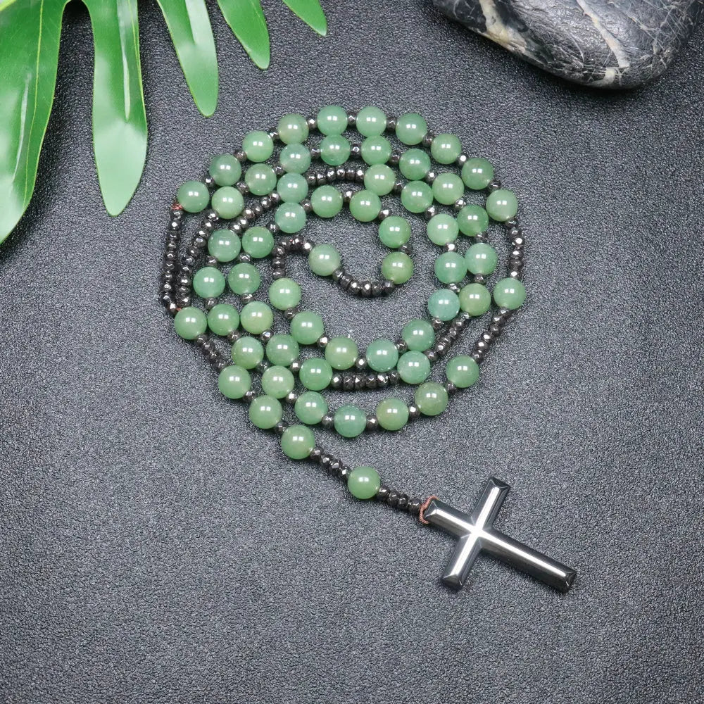 Tiger Eye Black Obsidian Rosary Cross Necklace — Black-Tone, 8mm