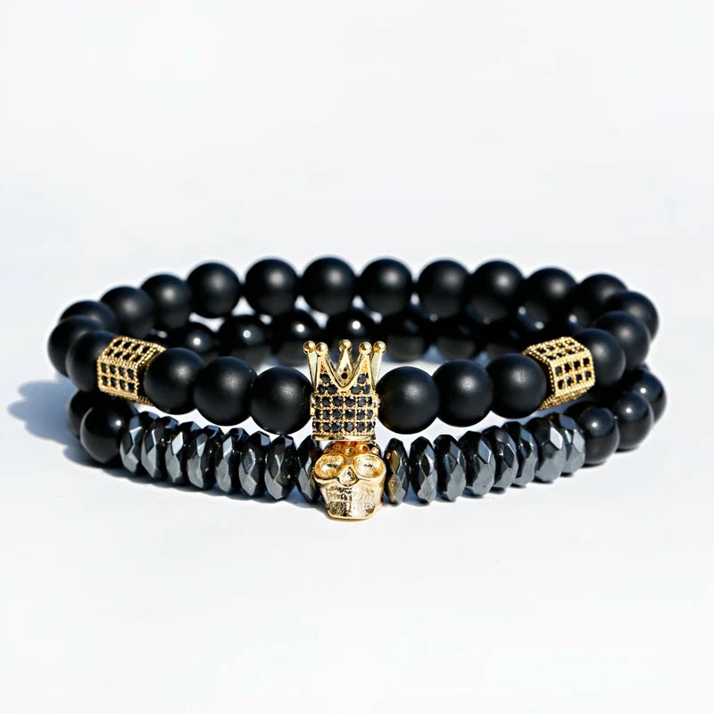 Luxury Men Stone Beads Skull Erkek Bileklik Bracelet Set Black CZ Crown Copper Bracelets For Women Pulseras Mujer