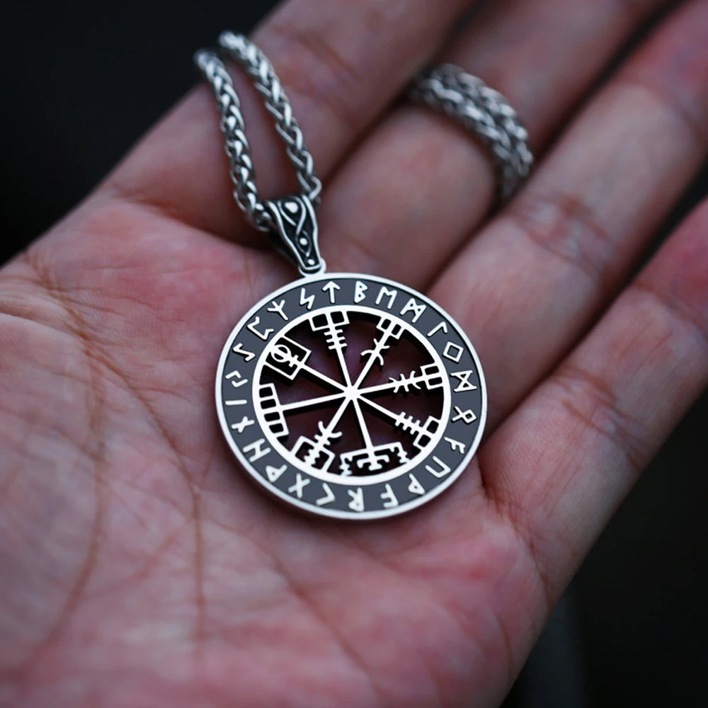 Vintage Viking Stainless Steel Viking Compass Necklace Pendant Men Chains Biker Nordic Odin Rune Pendant Amulet Jewelry