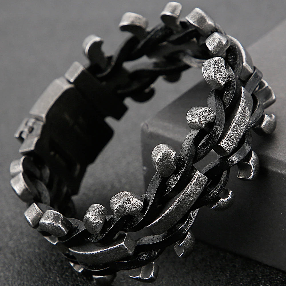 Handmade Leather Braided Bracelet With Belt Buckle Stainless Steel Boys Bracelets Men's Bike Jewellery Accessories Cuff