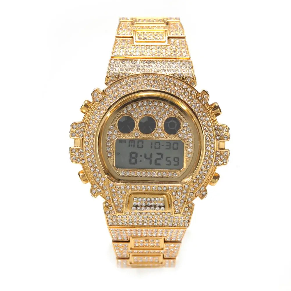Hip Hop Full Iced Out Men Watches Stainless Steel Fashion Luxury Rhinestones Quartz Square Wristwatches Business Watch
