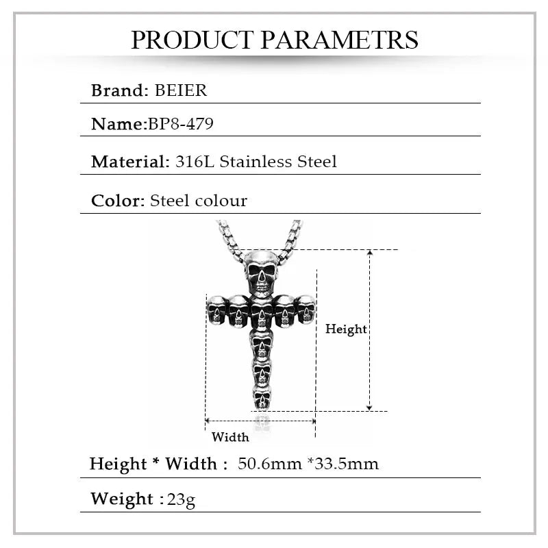 BEIER Punk Rock Fashion Cross Charm Vintage Skull head pendant Chain Fashion jewelry for man women Best Lover gift BP8-479