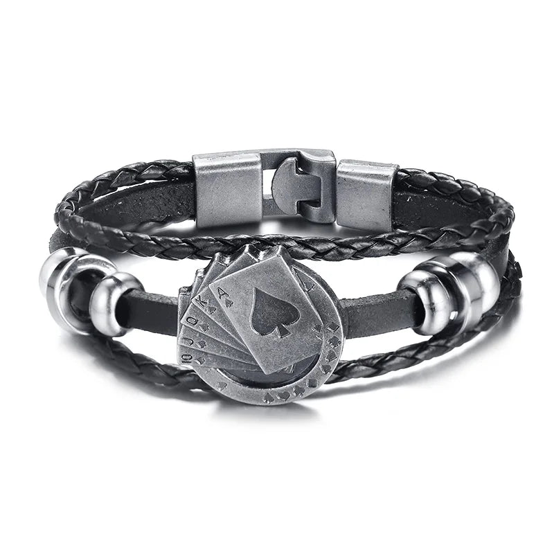 POKER BROWN LEATHER CUFF BRACELET MEN'S MULTILAYER WRAP WRISTBAND FRIENDSHIP VINTAGE BIKER PLAYING CARD POKER BANGLE