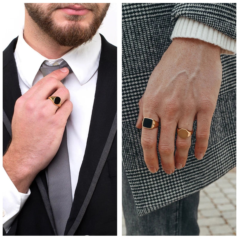 Vnox Stylish Signet Rings for Men, Male Pinky Ring with Black Square CZ Stone,Gold Color Stainless Steel Metal Jewelry