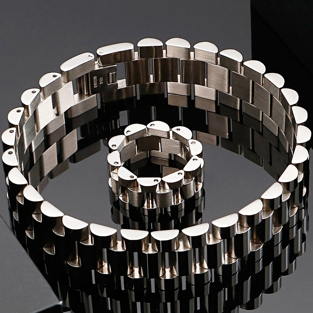 Gold Color 16MM Wide Watch Strap Link Chain Bracelet Men Stainless Steel Mens Bracelets Male Jewellery Accessories