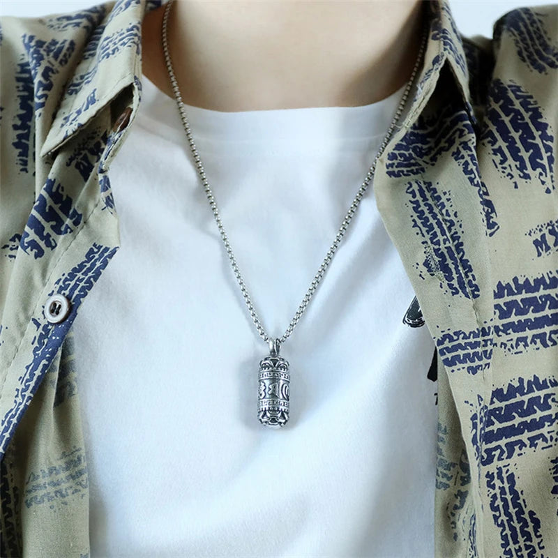 Six-Words Men's Necklace Cylindrical Pendant Vintage Tibetan Buddhism Necklaces Stainless Steel Lucky Amulet Male Retro jewelry