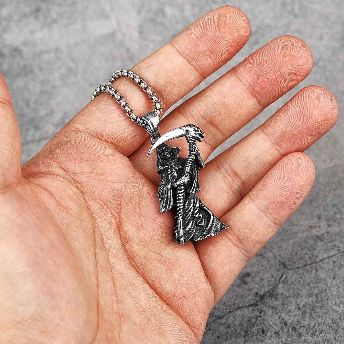 Grim Reaper Scythe Skull Pendant — Stainless Steel