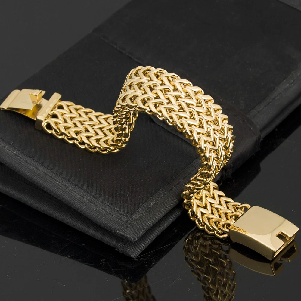 Luxury Yellow Gold Color Bracelet For Men 18MM Wide Stainless Steel Men's Chain Bracelets Metal Jewelry Gifts For