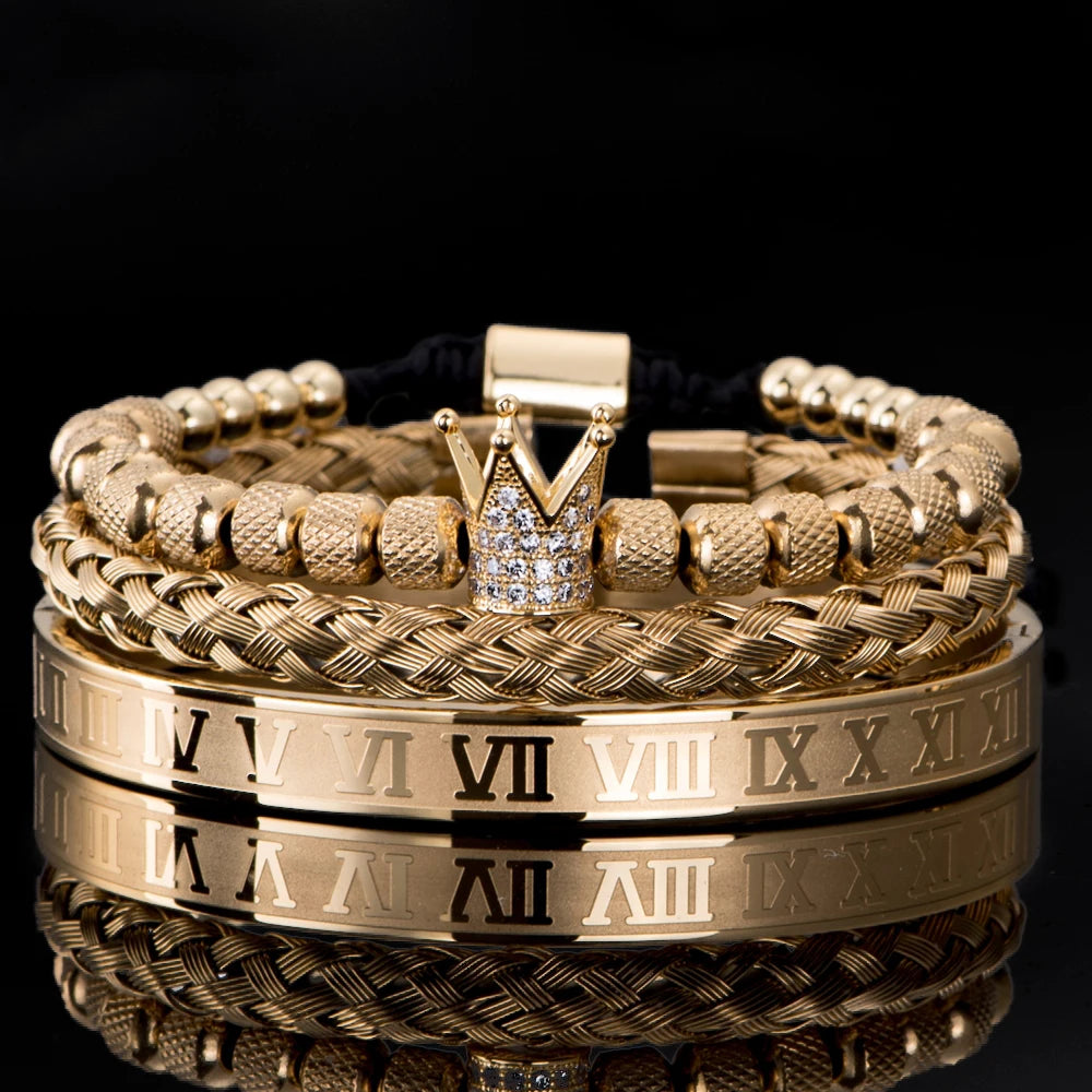 Luxury Micro Pave CZ Crown Roman Royal Charm Men Bracelets Stainless Steel Crystals Bangles Couple Jewelry Gift