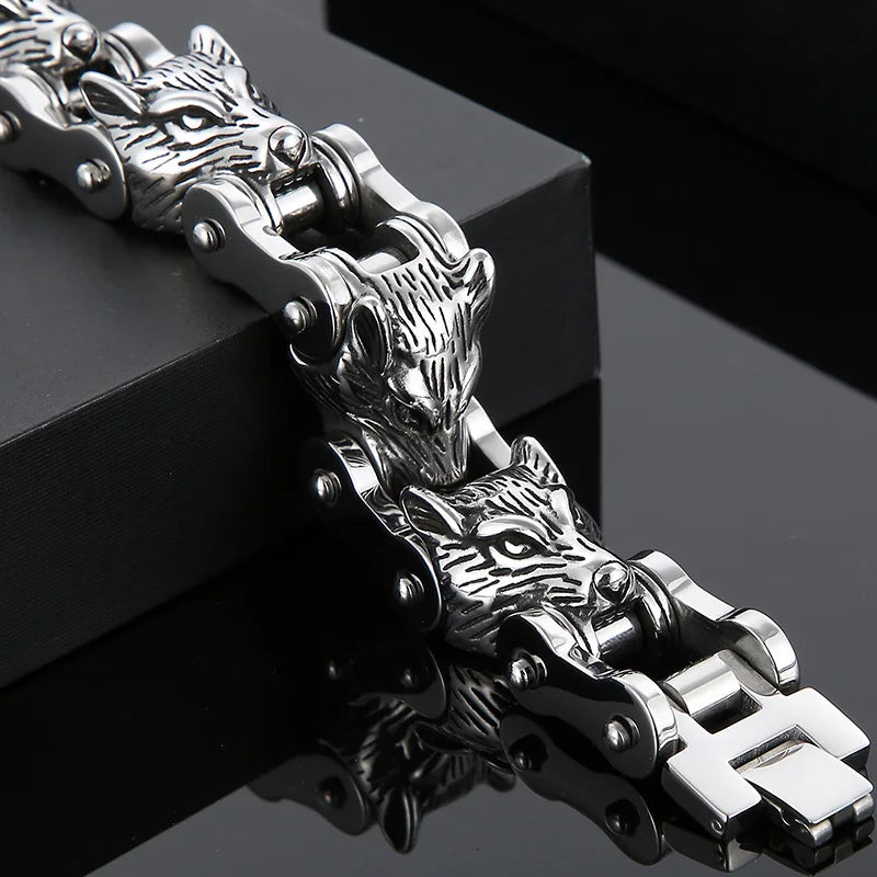Rock and Roll Men's Bracelet Heavy And Study 20MM Bike Chain Wolf Head Bracelets For Man Massive Male Biker Jewelry