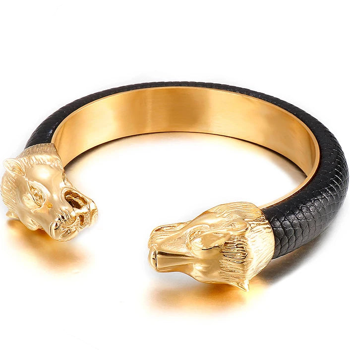 Gold Color Stainless Steel Lion Head Open Bangles For Men Elastic Adjustable Leather Bracelets Boys Hand Accessories