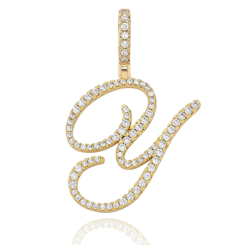 TOPGRILLZ New A-Z Cursive Letters Name Pendant&Necklace Iced Out Cubic Zircon Gold Silver Color Charm  Hip Hop Jewelry