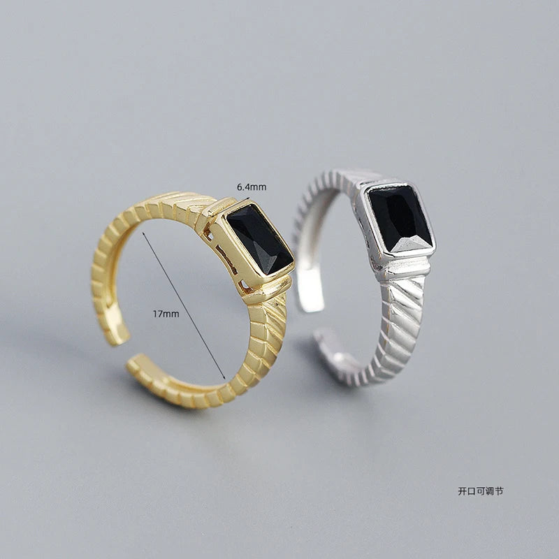 WANTME Silver Men Ring Punk Black Square 925 Sterling Silver Gothic Adjustable Rings for Women Simple Fine Hip Hop