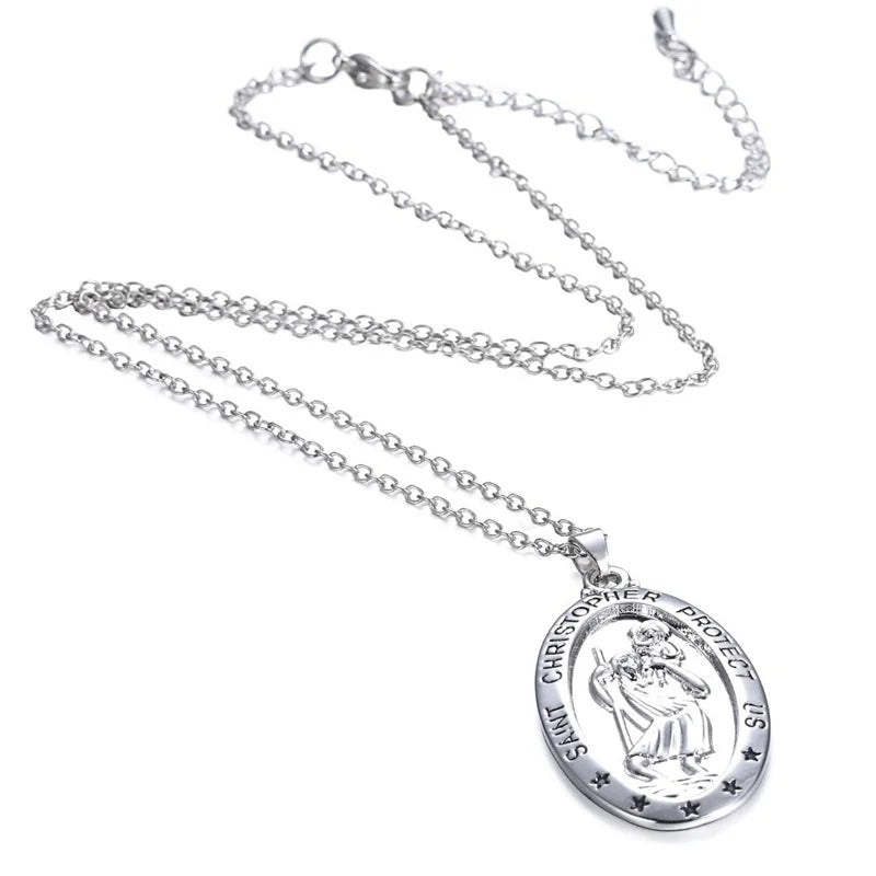 Trendy St. Christopher Pattern Oval Pendant Necklace Women's Necklace Fashion Clavicle Chain Pendant Accessories Party