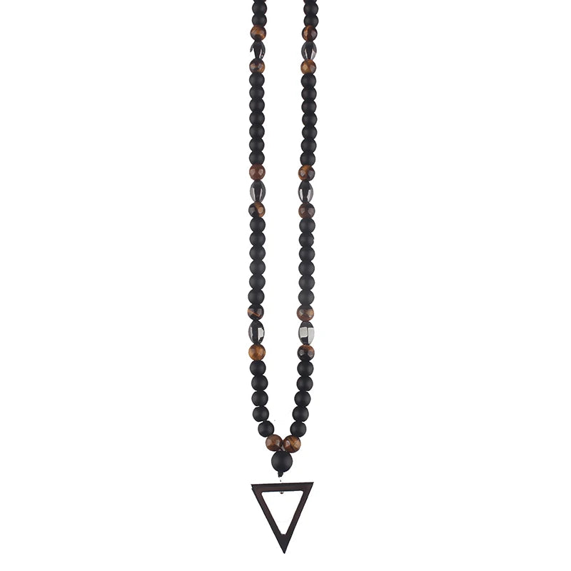 Retro Black Long Necklace Tiger-Eye Stone Beads with Triangle Pendant for Men and Women Natural Jewelry Fashion Gift