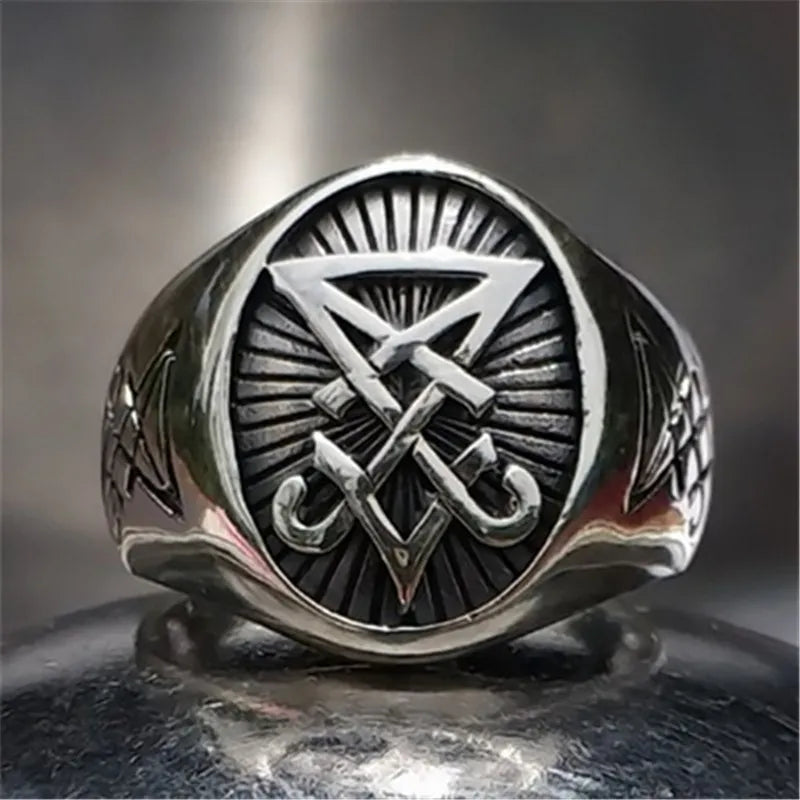 Vintage Gothic Lucifer Satan Signet Ring Fashion Punk Stainless Steel Seal Ring Men and Women Pagan Party Jewelry Gift Wholesale
