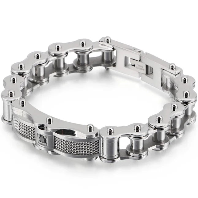 Rock And Roll CZ & 316L Stainless Steel Cast Metal Bicycle Chain Men's Bracelets For Man Boys Biker Jewellery